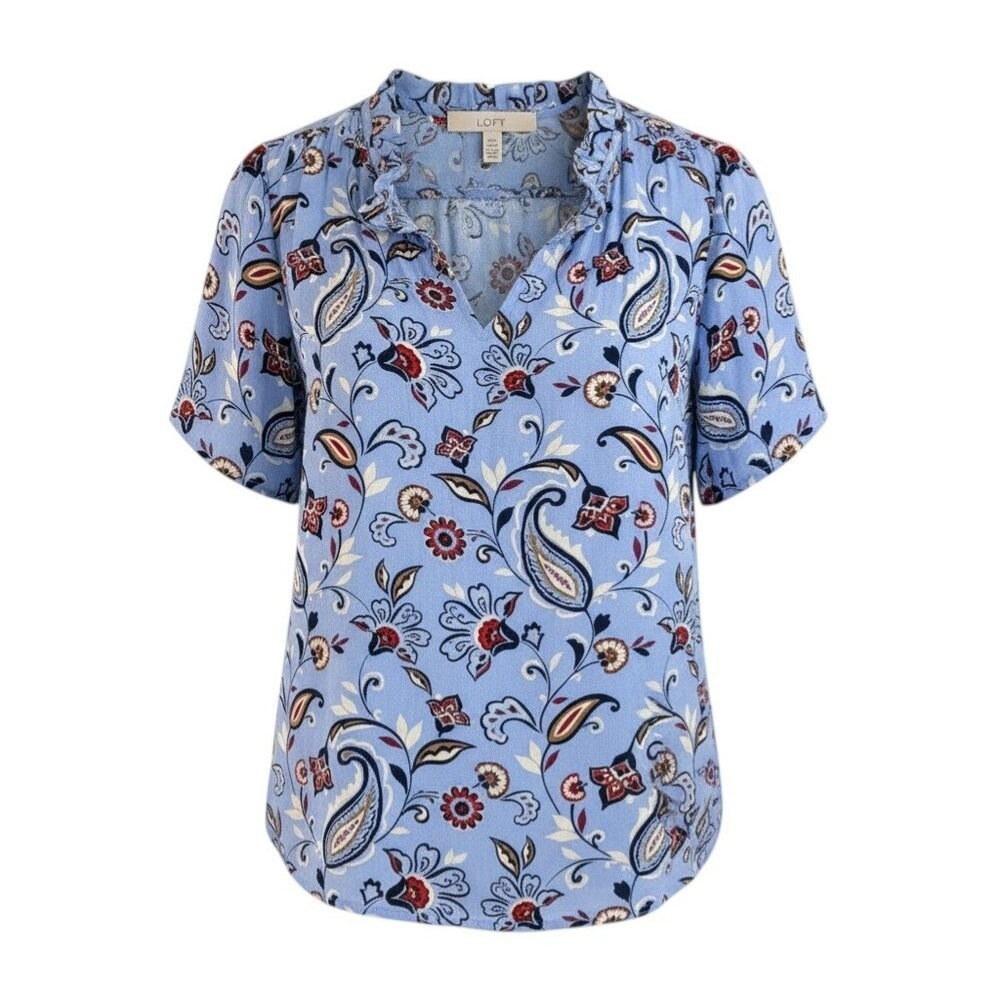 LOFT Blue Paisley Floral Ruffle Neck Flutter Sleeve Blouse Top XS